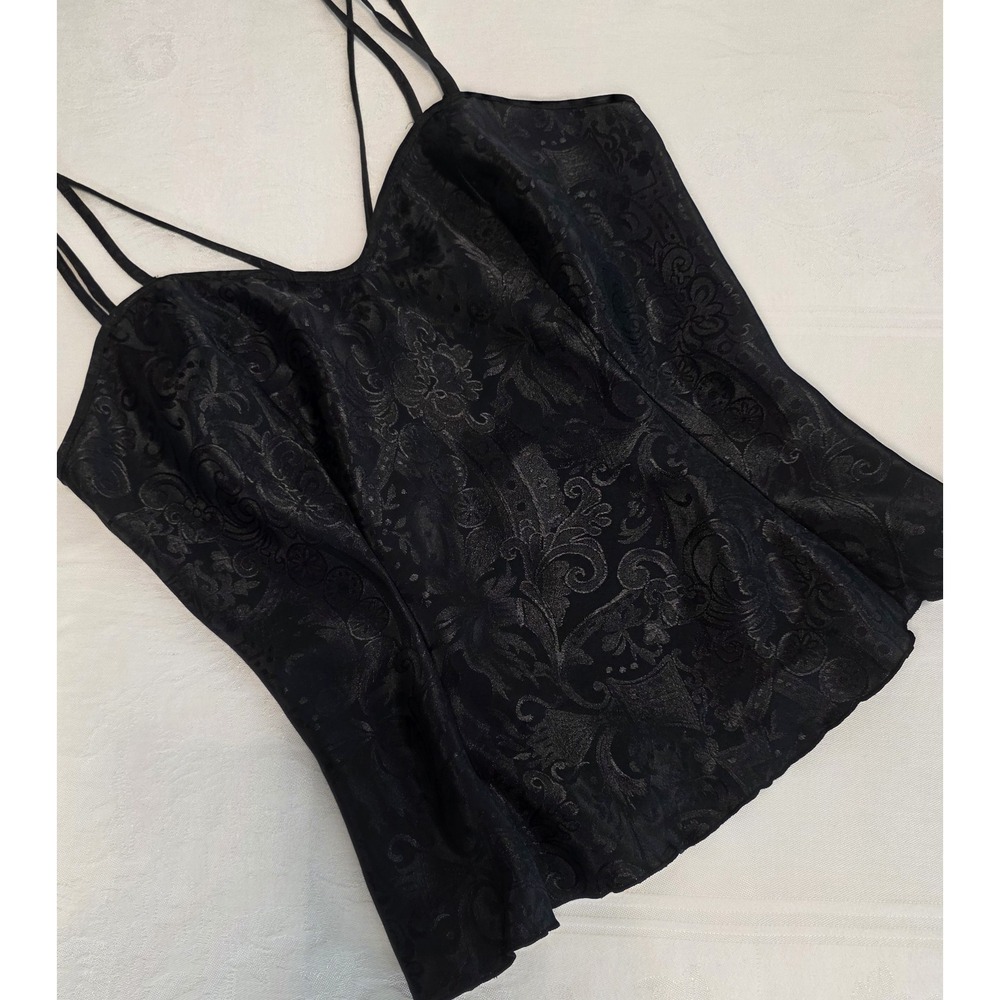 Vintage Victoria's Secret Gold Label Black Floral Satin Camisole Petite Small 32